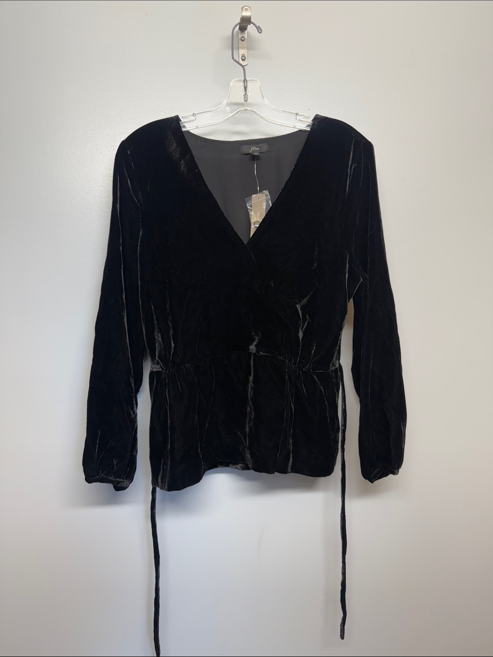 NWT J. Crew Black Velvet Wrap V Neck Long Sleeve Blouse